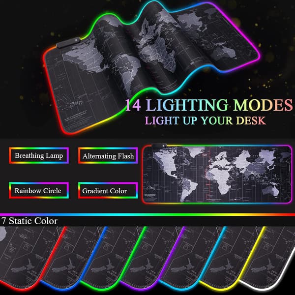 RGB Gaming Musematte, Ekstra Stor Gaming Musematte For Spillere, Vanntett Kontorbordmatte Med 14 Lysmoduser 800*300*3Mm World Map