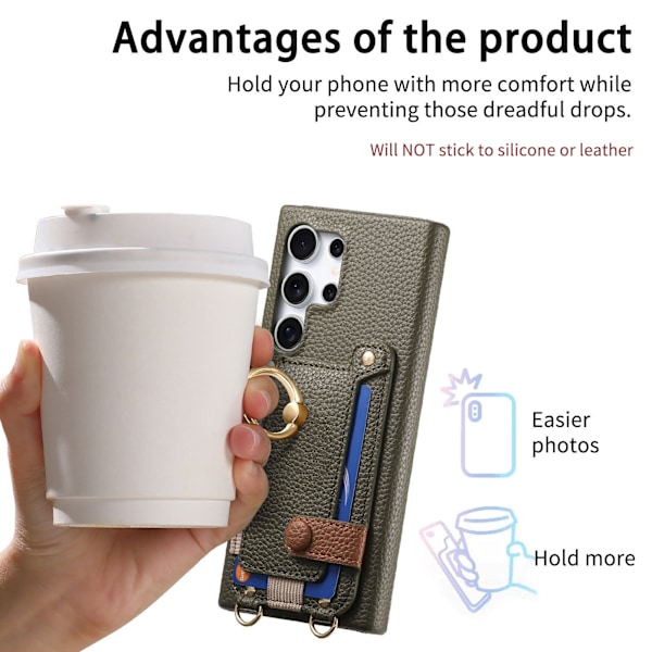 Etui til Samsung Galaxy S25 Ultra, med kortlommer, ringholder og skulderrem (Khaki)