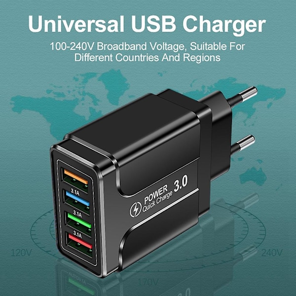 45W 4 USB Hurtiglader USB 3.0 Mobiltelefonlader Standard Adapter Telefonlading Hode-EU-plugg