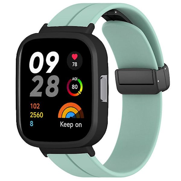Musta magneettinen solki silikoniranneke Xiaomi Redmi Watch 3 -älykellolle, jossa kellokuori Mint Green