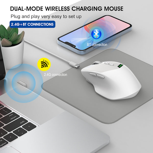 Gaming Mus, med OLED-display, Bluetooth & USB dobbeltforbindelse, lydløst design (hvid)