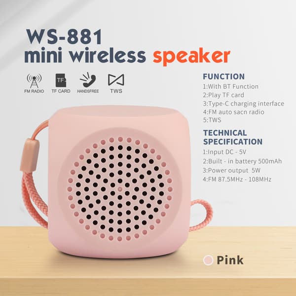 Bluetooth-högtalare Ws-881 Mini Tws5W 500Mah (Rosa)
