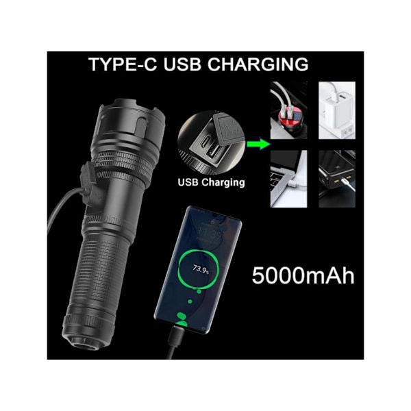 Oppladbare lommelykter med høy lumen, supersterk LED-lommelykt, USB C taktisk lommelykt med 10 moduser, zoom for nødsituasjoner, svart