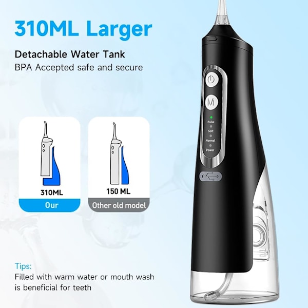 Oral Irrigator - 310 ml vattentank, uppladdningsbar, IPX7 vattentät, svart