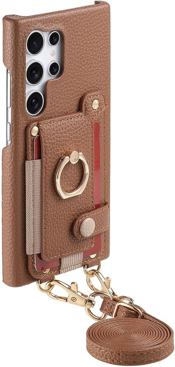 Etui til Samsung Galaxy S25, med kortpladser, ringholder, skulderrem (brun)