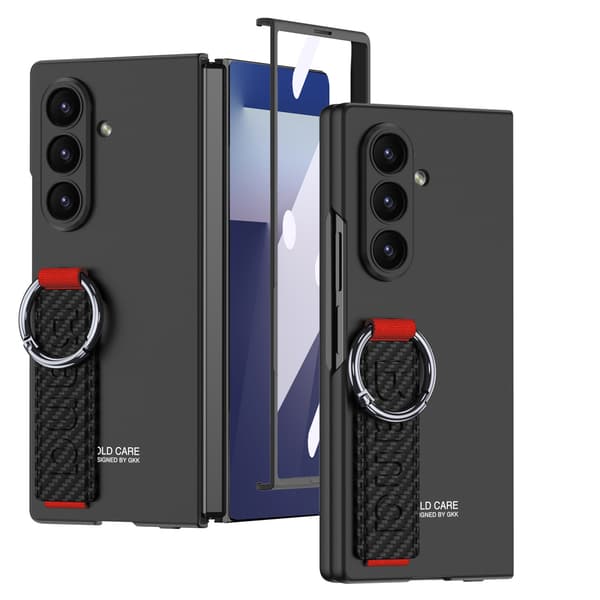 Etui til Samsung Z Fold 7, sammenleggbart deksel med håndleddsrem og skjermbeskytter (karbonfibertekstur)