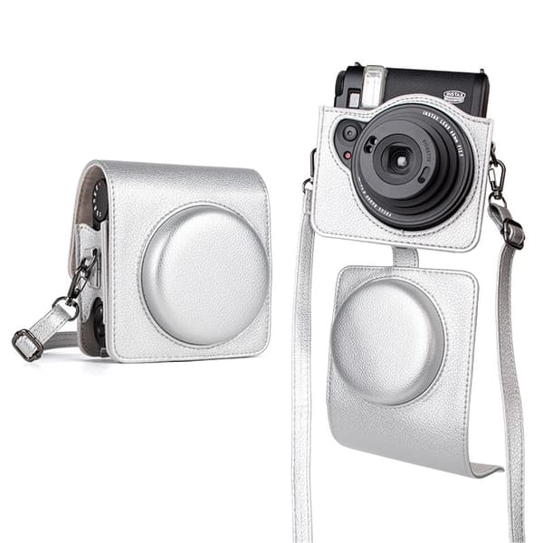 Fodral - För Instax Mini 99, Retro PU Läderfodral med Axelrem (Silver)