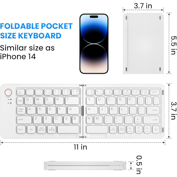 Foldbart tastatur i fuld størrelse (synkroniser op til 3 enheder), til Android Windows iOS (hvid)