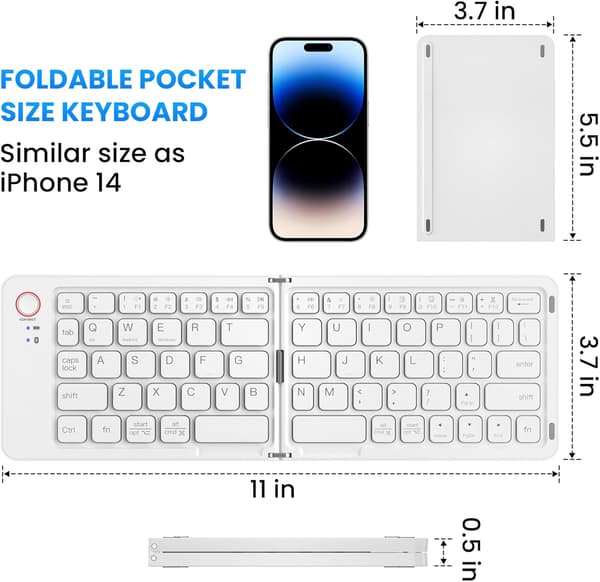 Sammenleggbart tastatur i full størrelse (synkroniser opptil 3 enheter), for Android Windows iOS (hvit)