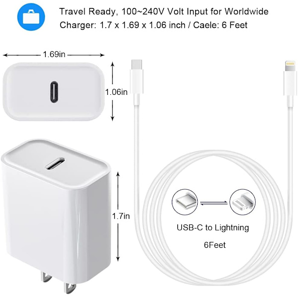 20W PD-adapter med 6FT Type-C til Lightning-kabel kompatibel med iPhone 13 12 Pro Max Mini 11 Xs XR X 8 Plus og mer AU