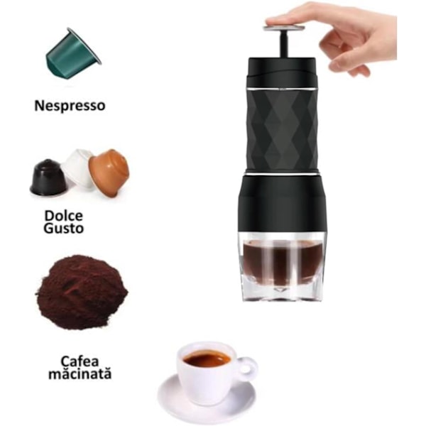 Bærbar kaffemaskine, manuel uden elektricitet, kompatibel med kaffekapsler/pulver (sort)
