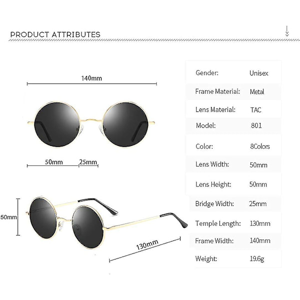 Vintage Pyöreä John Lennon Polarisoidut aurinkolasit Miesten Naisten Circle Hippie Aurinkolasit 2 Pack (Black- Gold)