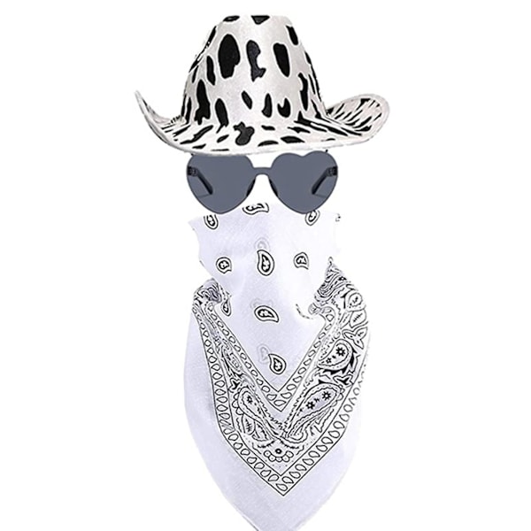Cowboy Hatut Western Cowgirl Hattu Bandanna Lasit Unisex Cowboy Hattu Syntymäpäiväasu Cosplay Mekko Juhlatarvikkeet hat*glasses*square towel blackwhite