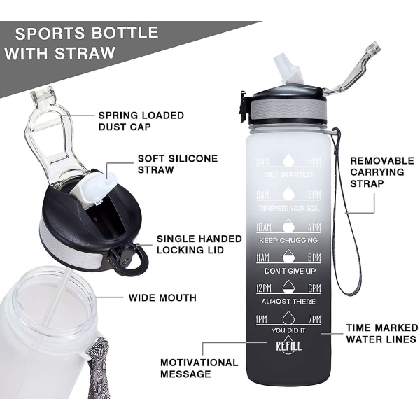 Sportsvannflaske med tidsmerker, slitesterk, 1 liter, 1 klikk åpen ST4