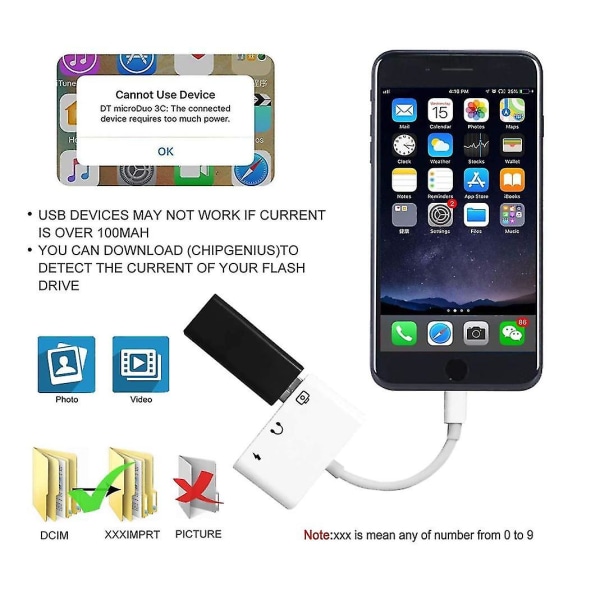 Lightning till USB 3 kameraadapter, 3 i 1 USB hona Otg-adapter med 3,5 mm hörlursuttag + kompatibel laddningsdelare