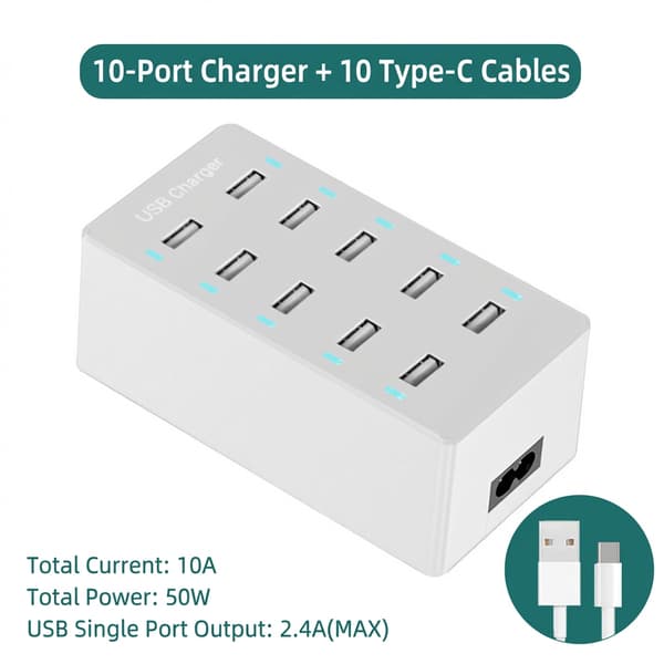 USB-opladerstation, 10 porte, USB-oplader med 10 datakabler til flere enheder (til Type-C, hvid)