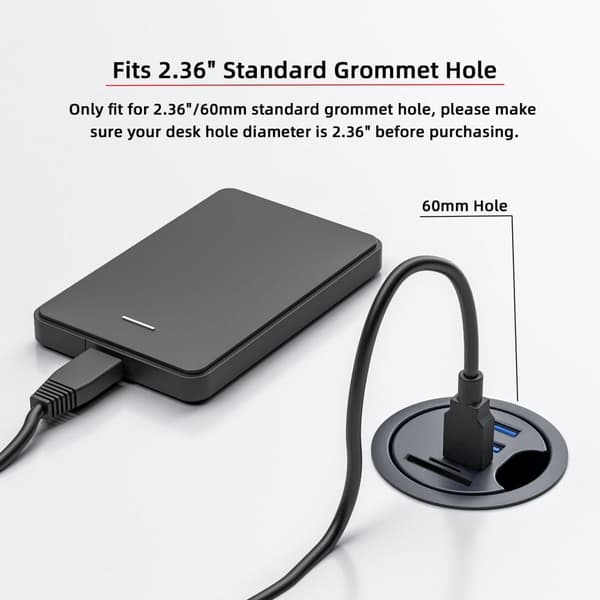 USB 3.0 Flush Mount Desktop HUB, kabelgennemføringshul 60 mm (2,36\") 3 USB 3.0 + SD/TF