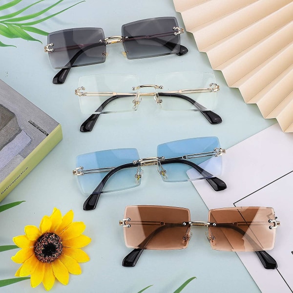 4-paks kantløse rektangulære solbriller Vintage kantløse briller Retro solbriller Metallramme briller som er kompatible med menn kvinner