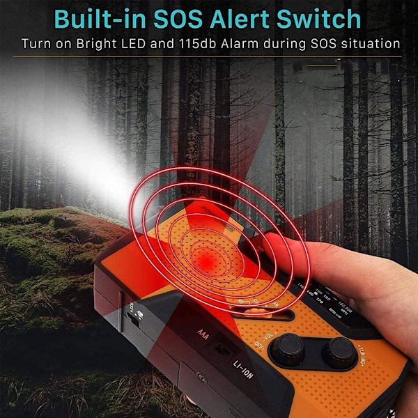Nödradio med solceller, 2000mAh, handvev, FM-radio och LED-lampa (grön)