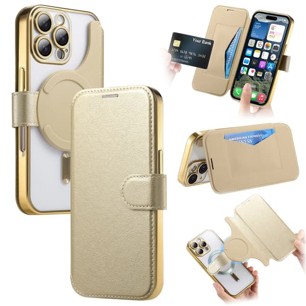 Etui til iPhone 16E, med Magsafe avtakbar magnetisk flipp (gull)