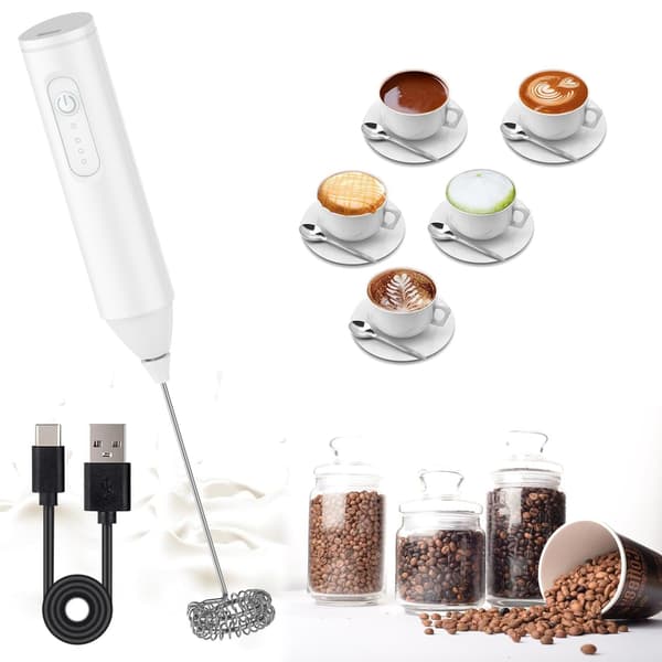 Mælkeskummer - Håndholdt USB-C Skummer til Kaffe med Piskeris i Rustfrit Stål og 3 Hastigheder (Hvid)