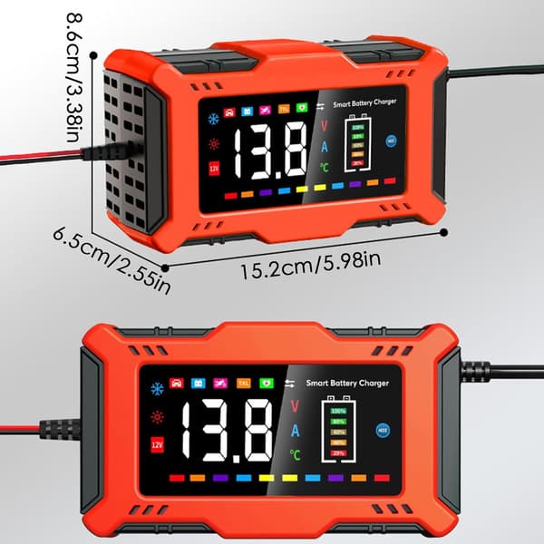 Batteriladdare - 6A 12V, LCD-skärm, snabbt batteriunderhåll