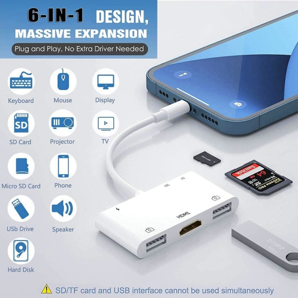 Lightning Hub Ipad-adapter, 6-i-1 Lightning till HDMI Digital Av-omvandlare, Tf & SD-kortläsare, USB kameraadapter, power