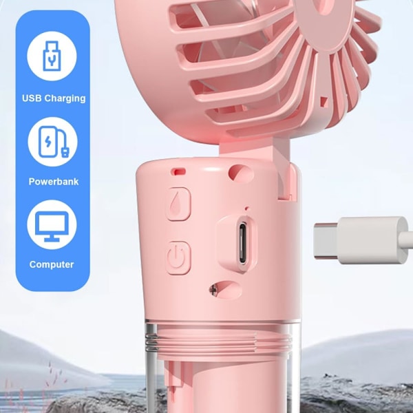 Vifte - 2-i-1 Vannmistvifte, 4 Hastigheter, 180° Sammenleggbar, Med Avtakbar Vanntank (Rosa)