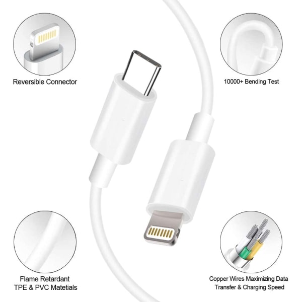 20W PD-adapter med 6FT Type-C til Lightning-kabel Kompatibel med iPhone 13 12 Pro Max Mini 11 Xs XR X 8 Plus og mere US