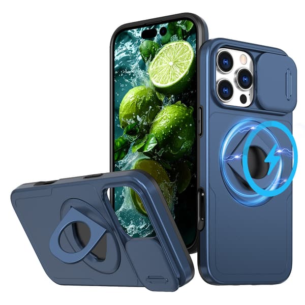 Etui til iPhone 16 Pro Max med roterende ring og skydelåge til kamera Royal Blue