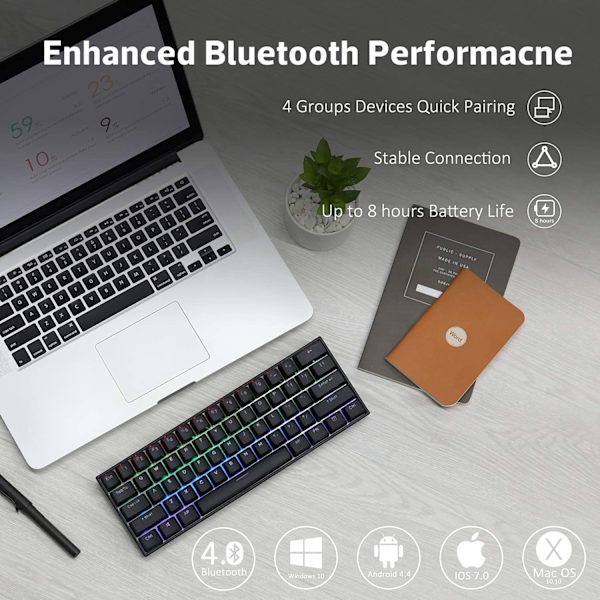 ANNE PRO 2, 60 % trådbundet/trådlöst mekaniskt tangentbord (Gateron röd switch/svart case)