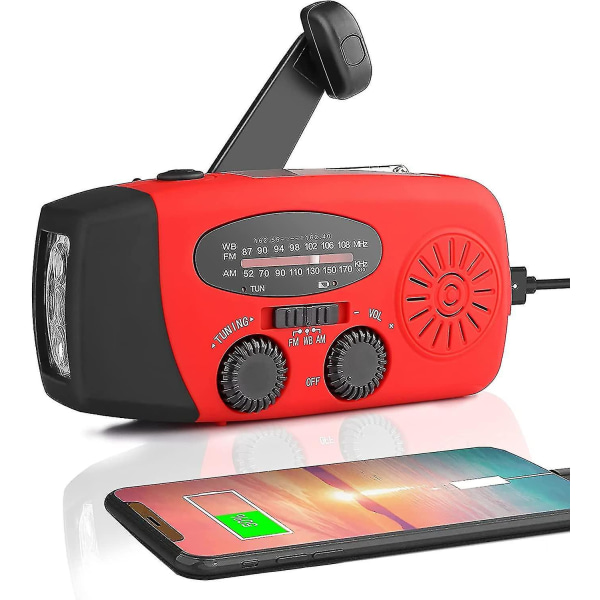 Nödväderradio med 3w led ficklampa, bärbar Am/fm Noaa handvevradio med 2000 mah, power med solcellsladdning, handvev USB laddning Red