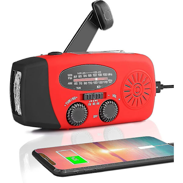 Nødværsradio med 3w LED-lommelykt, bærbar Am/fm Noaa håndsveivradio med 2000 mah, strømbank med solenergilading, håndsveiv usb-lading Red