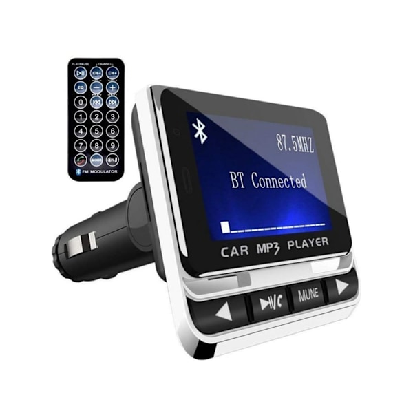 Trådløs Bluetooth FM-sender med 21-tasters fjernbetjening, USB-oplader og krystalklare opkald (Sort)