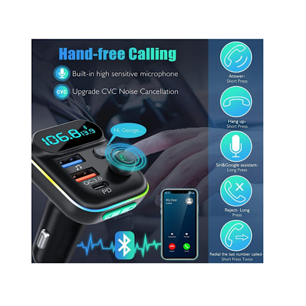 Bil FM-sender Pd3.0 Type C Qc3.0 Hurtiglader Handsfree-samtaler U Disk Støtte Svart