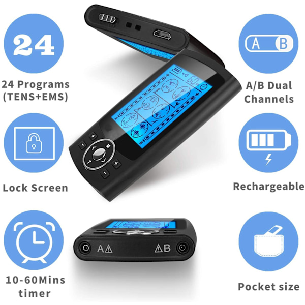 24-Modes Ab Kanal Puls Muskelstimulator 24 Mode Sort