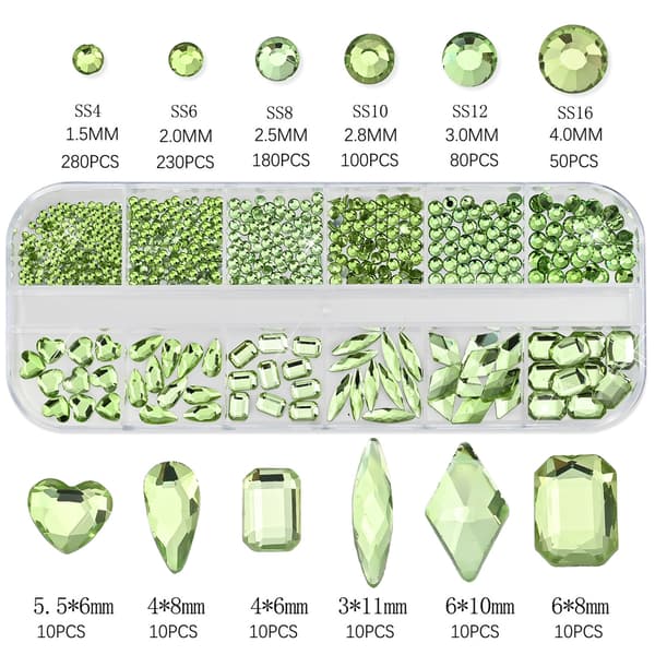 Nail Art Rhinestone, 3D Crystal Flatback Gem, Flera Former Storlekar Green