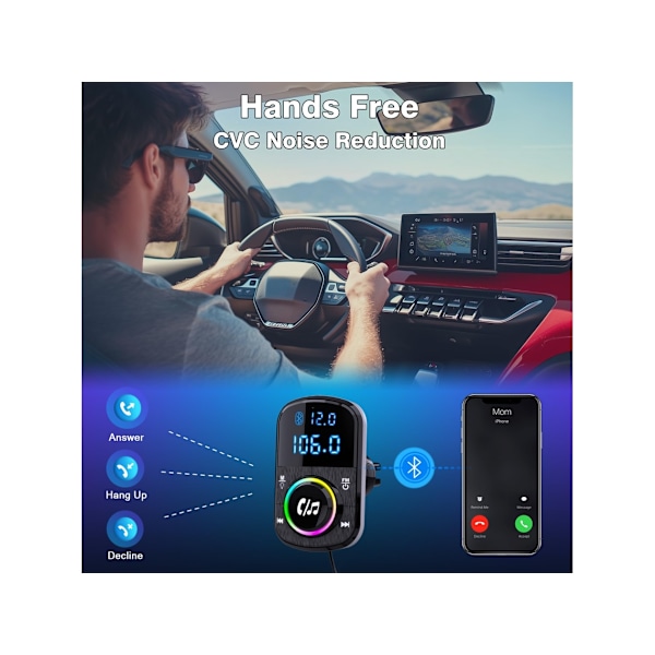 Bil Bluetooth Transmitter FM Transmitter Understøtter Håndfri/Qc3.0&PD Hurtig Oplader/Ambient Lys/Selvklæbende Base&Clip Med
