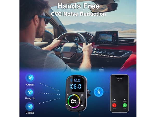 Bluetooth Bil FM Transmitter Håndfri med PD Hurtigoplader og Ambient Lys - .