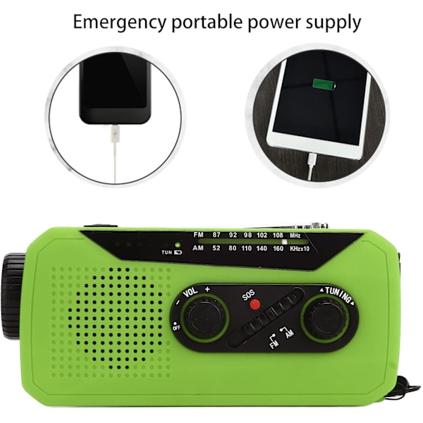Nödradio med Vev, Vädervarning och Ficklampa (Grön)
