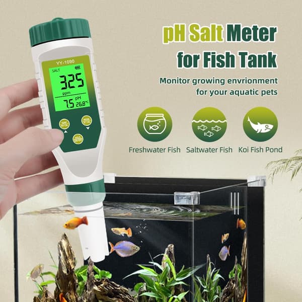 PH-måler og TDS-måler, 5-i-1 vanntester pH/TDS/EC/Salt/Temp, med LCD-bakgrunnsbelysning