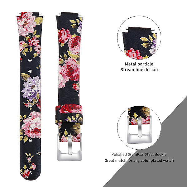 Fitbit Inspire / Inspire HR -älykellolle tarkoitettu rannehihna, ylin nahkakerros, koko L - 6,7-8,1 tuumaa Black Pink Flower
