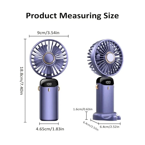Ventilator - Mini Håndholdt Foldbar, 5 Vindhastigheder Med Mobiltelefonholder Og Display, 1800Mah (Violet)