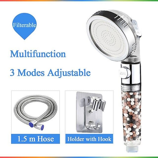 bad 3-funksjons spa dusjhode med bryter stoppknapp høytrykks anion filter badekar hode vannsparende dusj Clear-hose1-holder