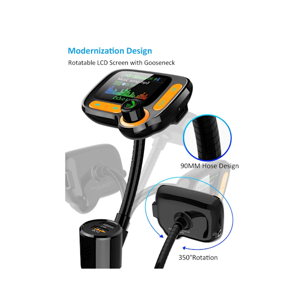 Bluetooth FM-lähetin autoadapteri tukee langatonta handsfree-puhelua ja MP3/äänimusiikin toistoa sovelluksella, 1 värinäyttö