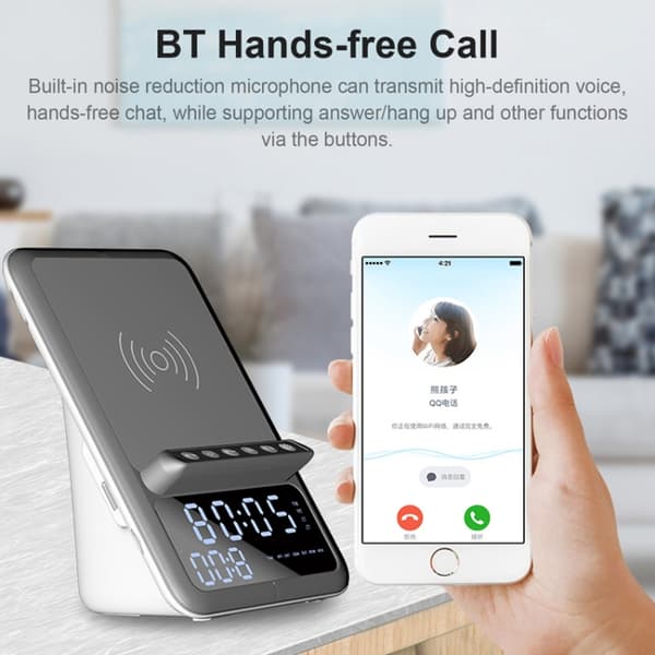 Bluetooth-högtalare 3-i-1, LED digital display väckarklocka trådlös laddare (vit)