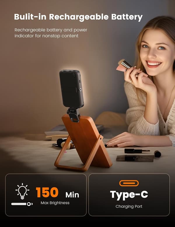 Selfie-lys 96 LED med blød diffuser og indbygget stativ, genopladeligt clip-fill-lys