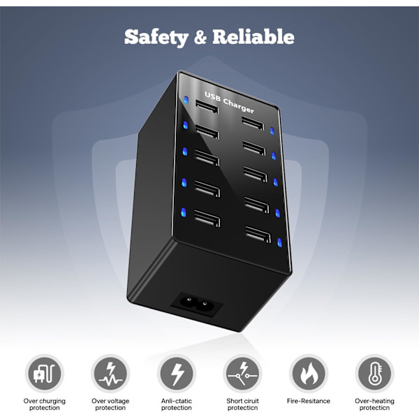 USB-opladerstation, 10 porte, USB-oplader med 10 datakabler til flere enheder (til Android, sort)