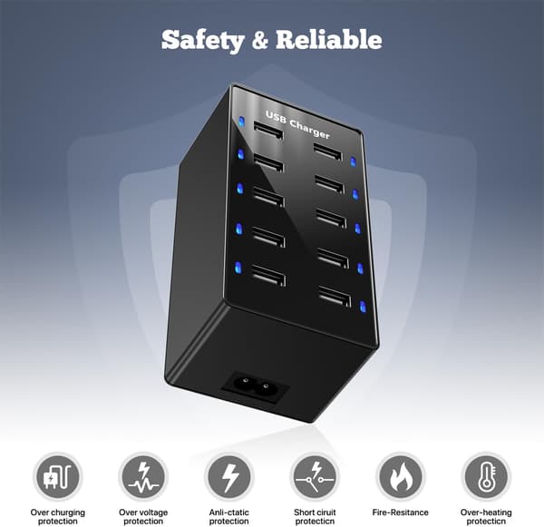 USB-opladerstation, 10 porte, USB-oplader til flere enheder (sort)