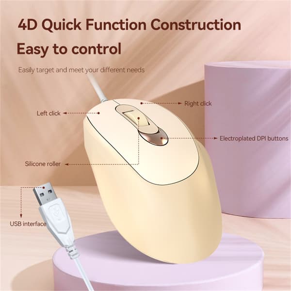 V2 Mus, 4D-knapper, lydløst klik, justerbar DPI, ergonomisk design (brun)